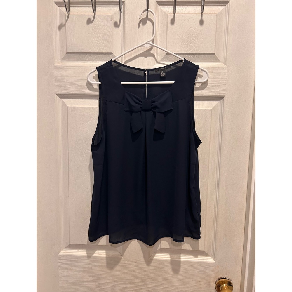 Forever‎ 21 Navy Blue Sleeveless Bow Front Chiffon Blouse Top Womens L Coquette